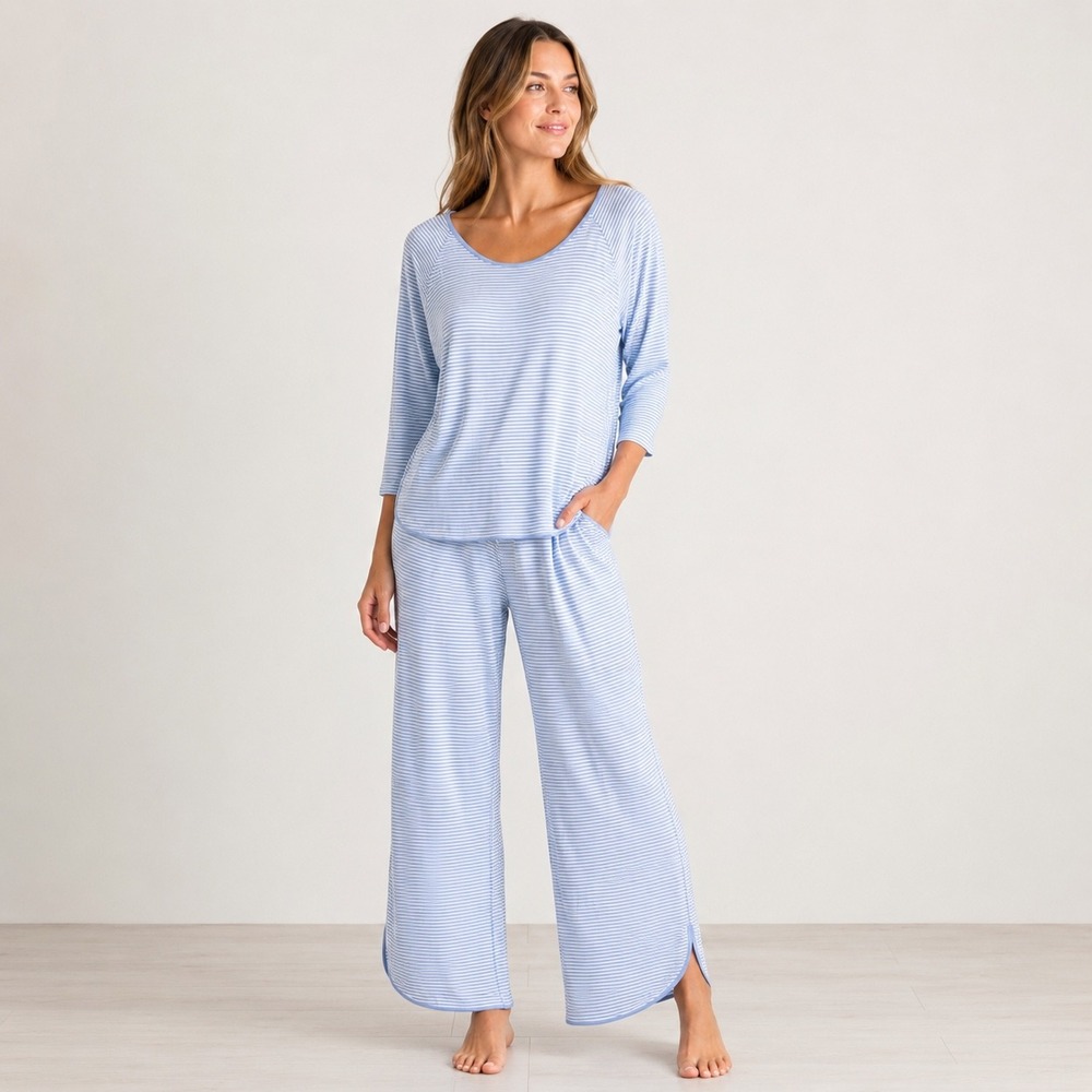Lake Pajamas Pima Cotton Blue White Striped Weekend Set XL 3/4 Sleeve Wide Leg